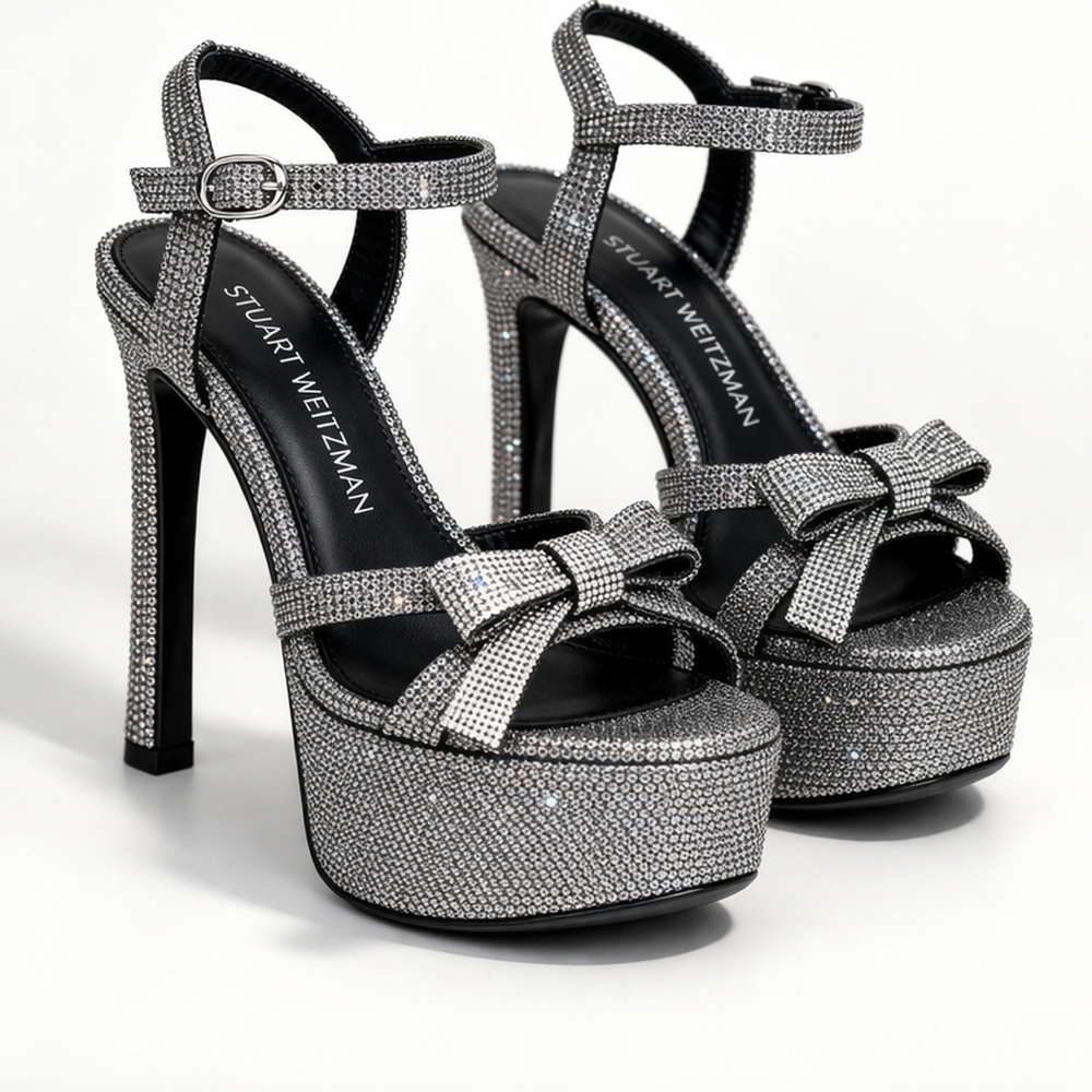 🆕️Stuart Weitzman Crystal Bow Platform Heels Gunmetal Rhinestone Sandals Sz 8